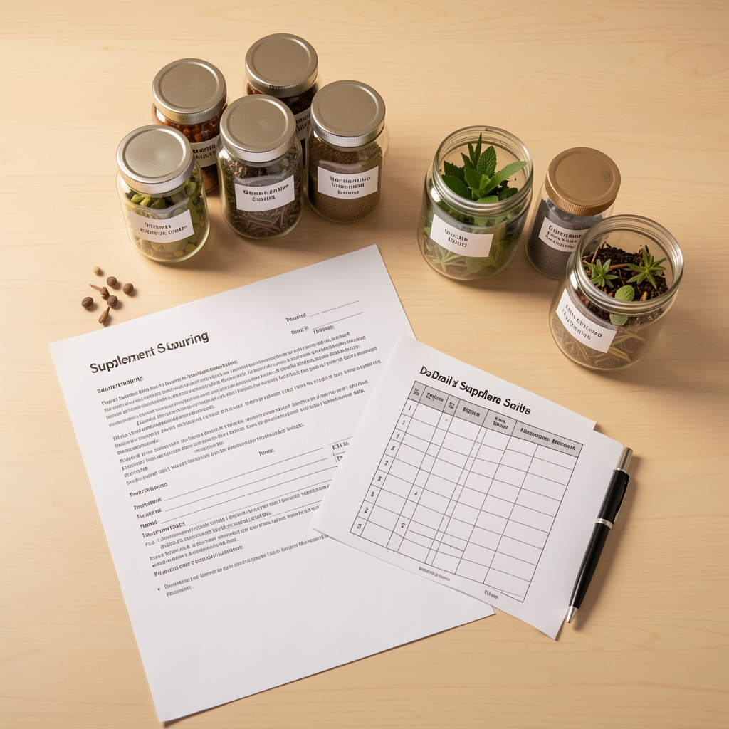 Aerial view of a clean studio workspace with supplement sourcing documentation, botanical samples in labelled glass jars, and a structured daily supplement schedule on white paper under warm studio lighting