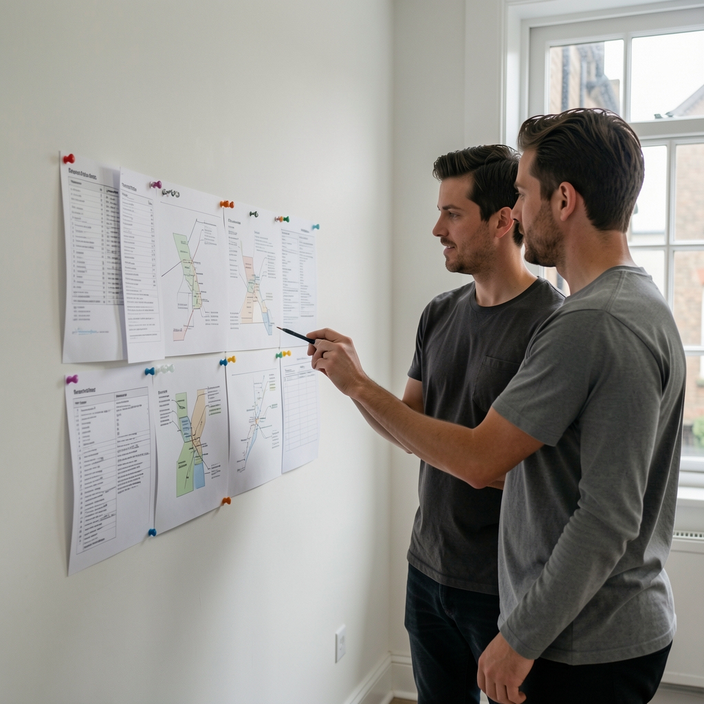 Two colleagues reviewing printed supplement formulation entries and ingredient sourcing maps pinned to a wall in a minimal London studio, shot under diffused natural window light