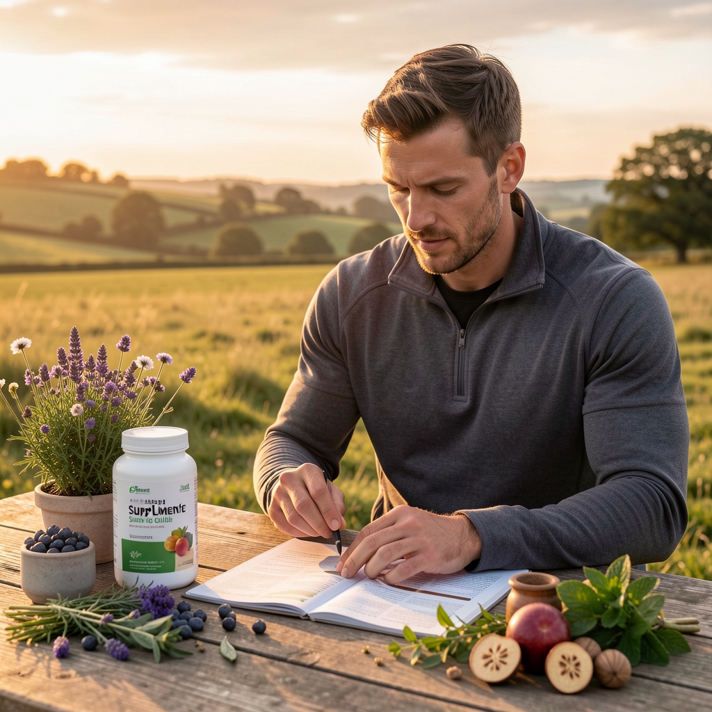 Athletic man outdoors at dawn in an English countryside setting, reviewing supplement serving guide on a wooden table surrounded by botanical ingredients