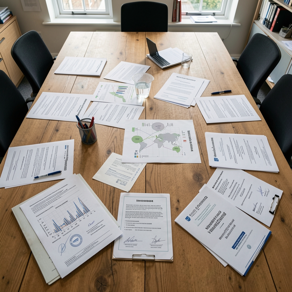 Overhead view of a methodology review meeting with printed formulation assessment sheets, ingredient sourcing maps, and third-party laboratory certificates spread across a large wooden table in a London office