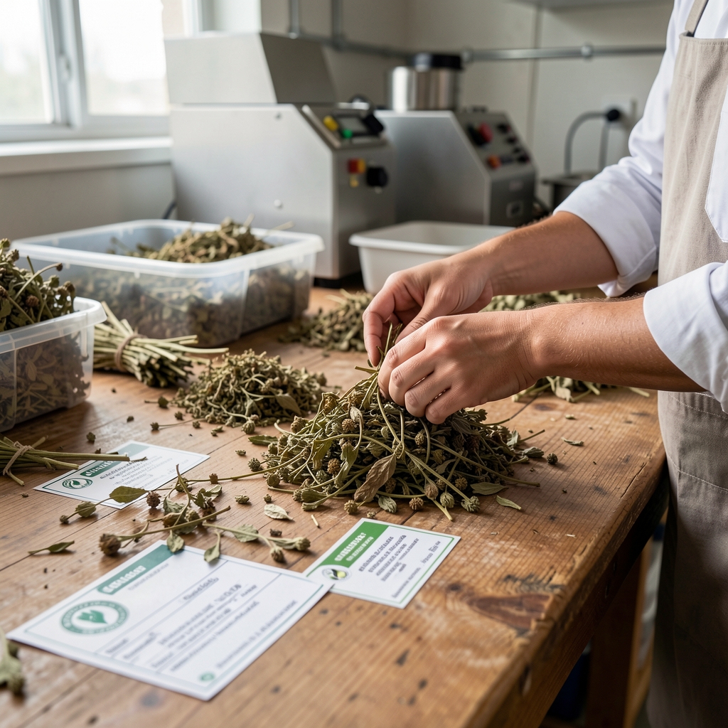 Hands sorting dried botanical plant material at a certified processing facility, with ingredient traceability labels and harvest documentation visible on a wooden workbench