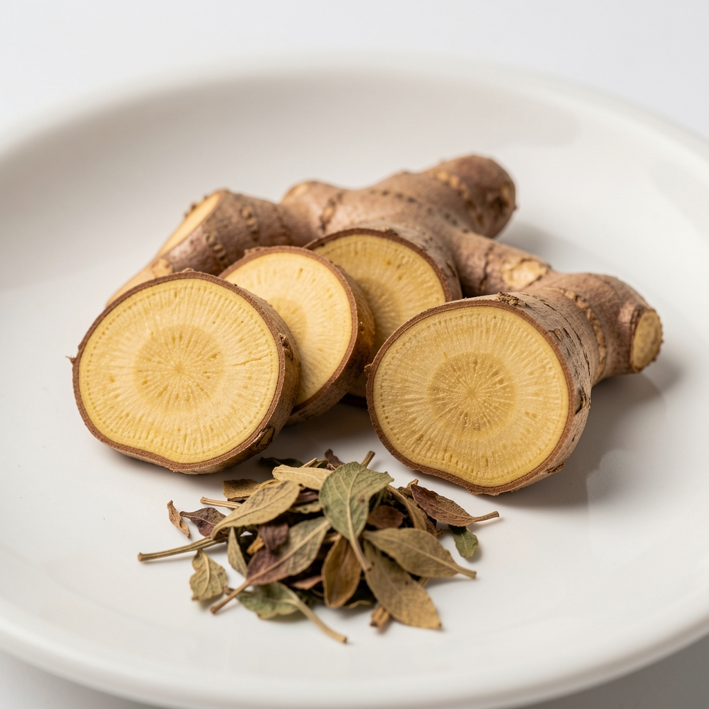 Close-up of ashwagandha root slices and dried withanolide-rich leaf material arranged on a white ceramic surface under studio lighting