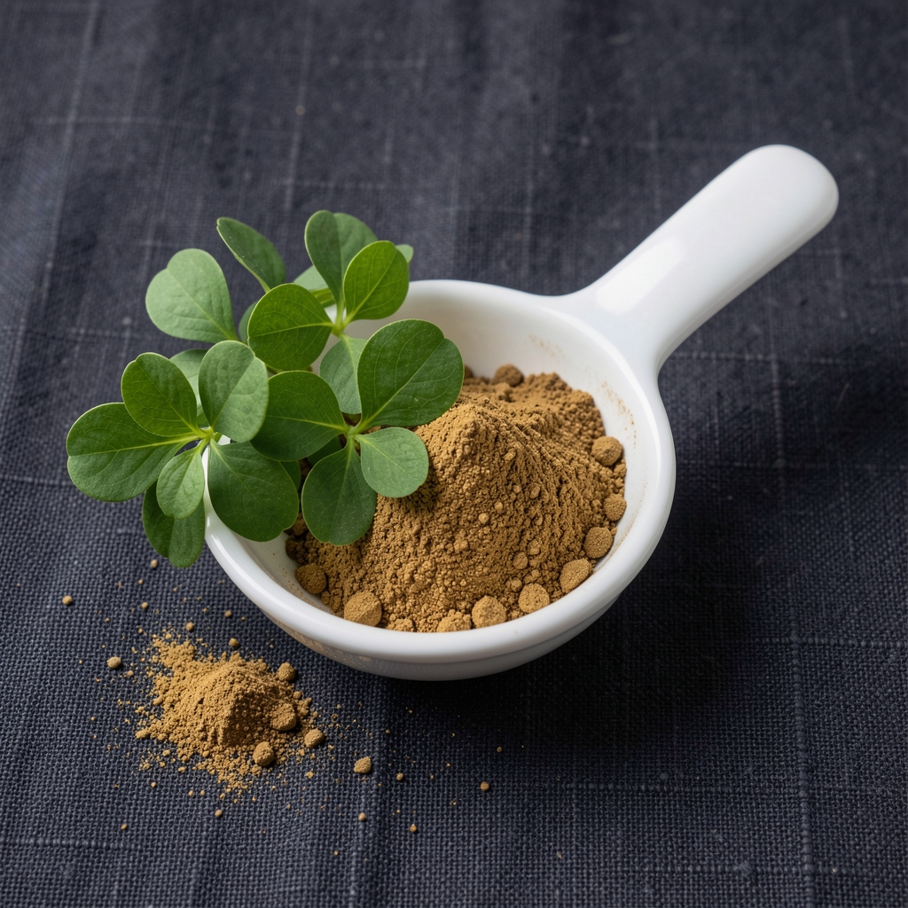 Bacopa monnieri herb leaves and dried standardised extract powder displayed in a white porcelain measuring spoon on a dark linen surface