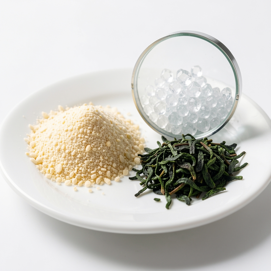 Vitamin B12 methylcobalamin crystals under magnification beside whole food sources including nutritional yeast and dried spirulina on white porcelain, bright studio photography