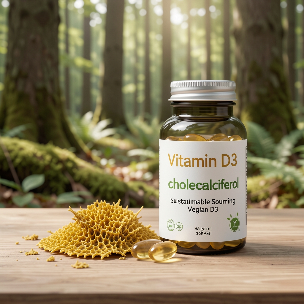 Vitamin D3 cholecalciferol soft-gel serving beside lichen harvesting imagery showing sustainable sourcing of vegan D3 in a forest environment