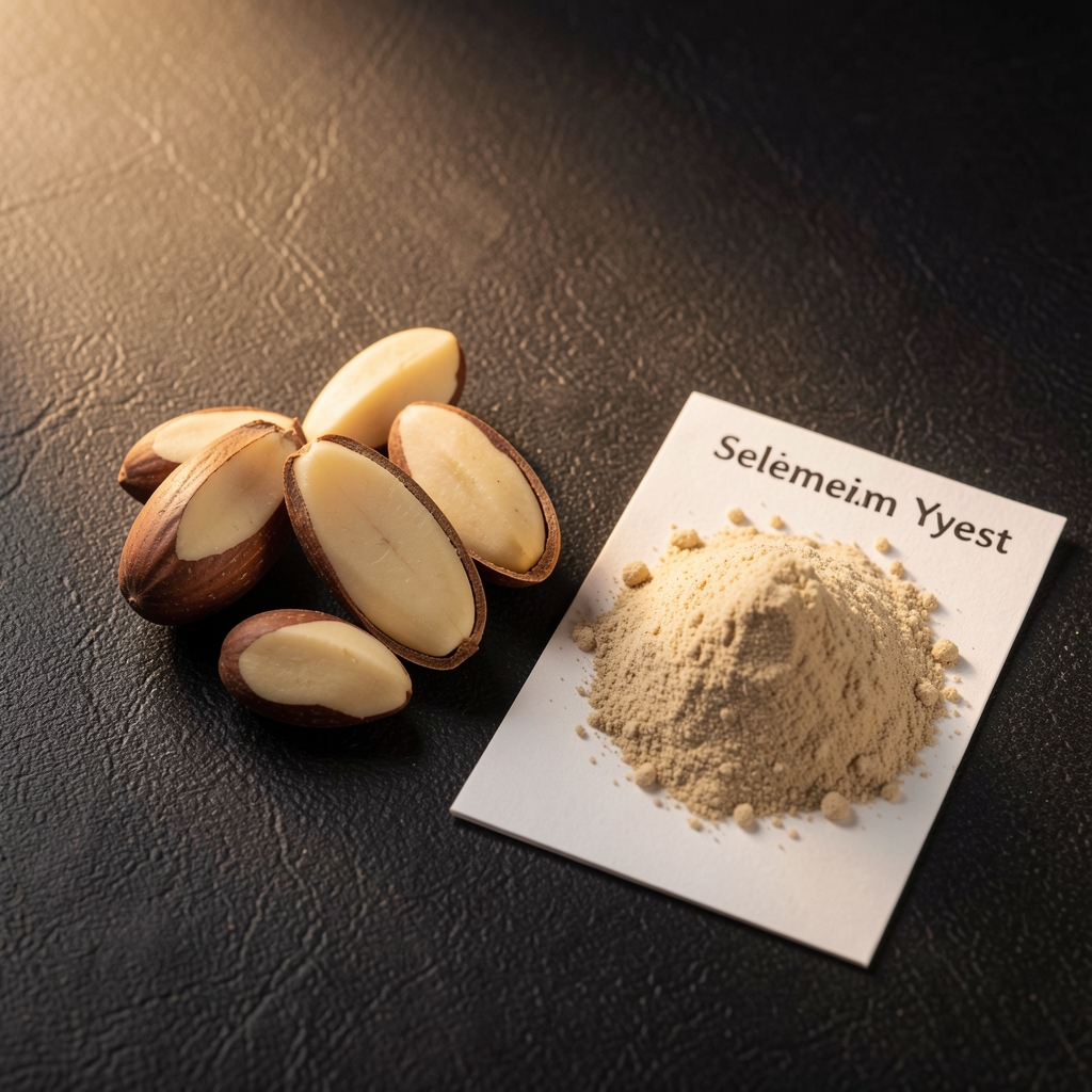 Brazil nuts split open to reveal selenium-rich flesh, arranged beside a selenium yeast powder sample card on a dark textured surface under warm directional studio lighting