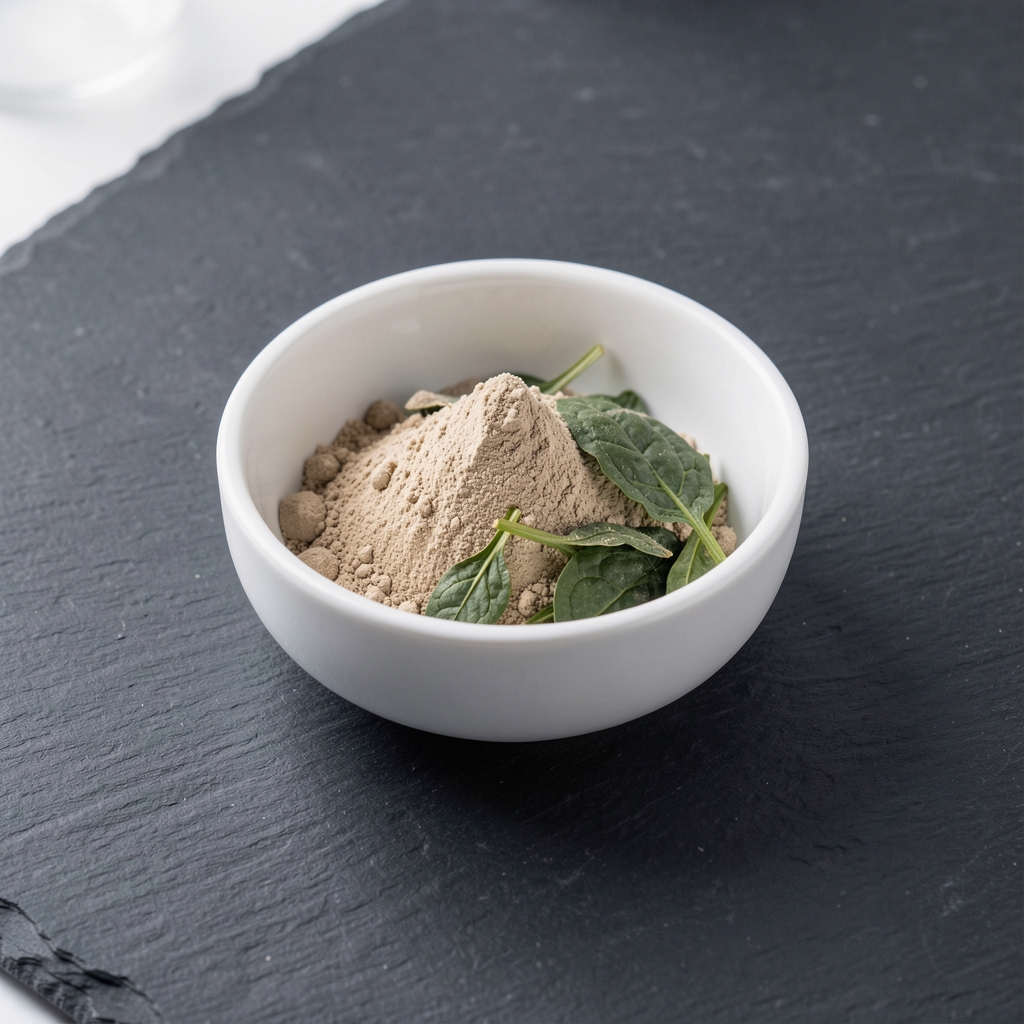 Iron bisglycinate powder and dried spinach leaf source material in a clean white laboratory weighing dish on a slate worktop under diffused overhead studio lighting