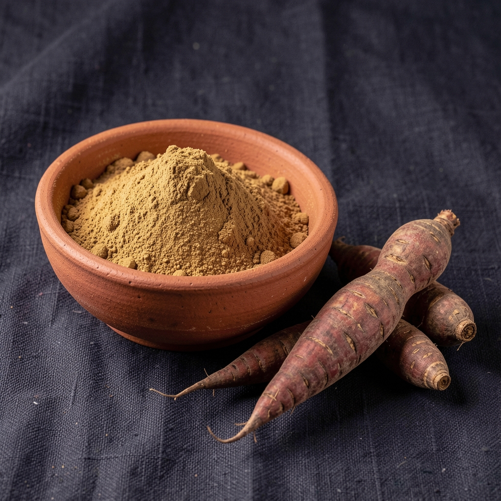 Maca root powder in a hand-thrown clay bowl next to dried whole maca tubers from Peruvian high-altitude origin against a textured dark linen background