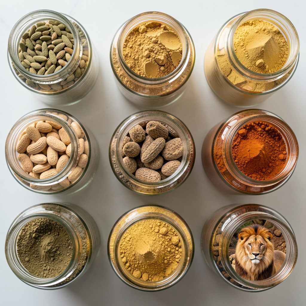 Overhead grid of twelve glass jars containing different plant-based supplement powders and extracts — ashwagandha, magnesium, lion's mane, zinc, CoQ10 — arranged on a dark slate surface with batch certificate cards